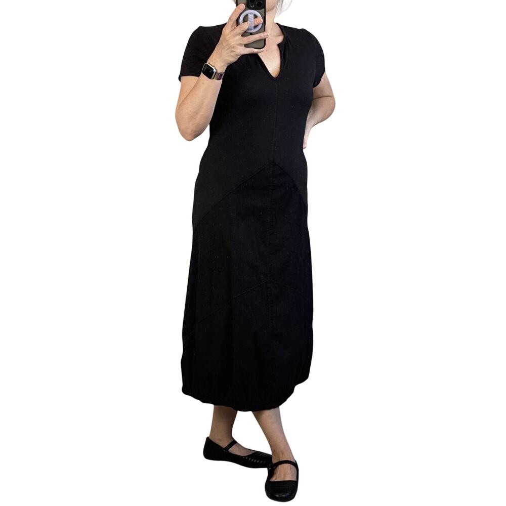 XCVI Womens Bubble Hem Midi Dress Size M Black Cotton Lagenlook Minimalist‎